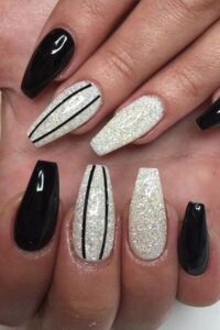 Black and Silver Nails Design, coffin nails, coffin nail designs, coffin nail ideas, coffin shaped nails