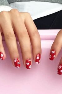 Red And White Lips Nail Design, red acrylic nail designs, red acrylic nail ideas