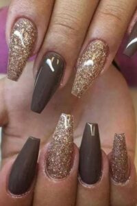 Brown and Gold Glitter Coffin Nails, coffin nails, coffin nail designs, coffin nail ideas, coffin shaped nails