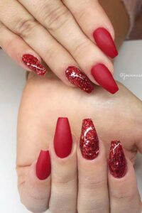 Matte Red with Glitter Accent Nails, red acrylic nail designs, red acrylic nail ideas