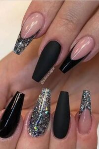 Black And Glitter Coffin Nails, coffin nails, coffin nail designs, coffin nail ideas, coffin shaped nails
