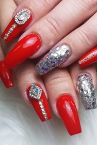 Bling Silver Coffin Nails, red acrylic nail designs, red acrylic nail ideas