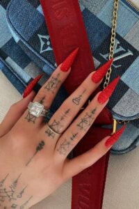Red textured Pointy Nails, pointy nails, pointy nail designs, pointy nail ideas
