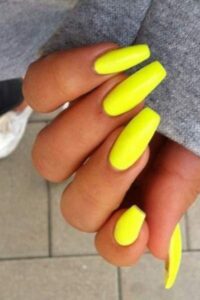 Bright Yellow Coffin Nails, coffin nails, coffin nail designs, coffin nail ideas, coffin shaped nails