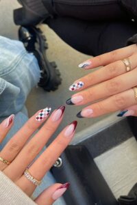 Multi-Color Checkered Nails, pointy nails, pointy nail designs, pointy nail ideas
