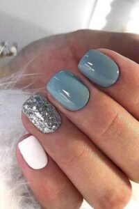 Icy Blue Nails with Silver Glitter, winter nails, winter nail designs, winter nail ideas
