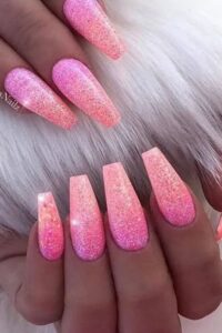 Glitter Pink And Orange Ombre Coffin Nails, coffin nails, coffin nail designs, coffin nail ideas, coffin shaped nails