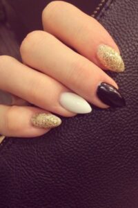 Black, White, and Gold Glitter, pointy nails, pointy nail designs, pointy nail ideas