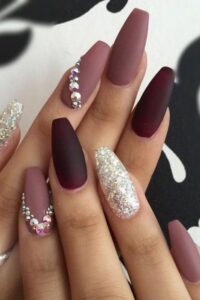 Burgundy Coffin Nails With Rhinestones, coffin nails, coffin nail designs, coffin nail ideas, coffin shaped nails