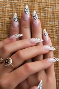 White and Black Nail Art, pointy nails, pointy nail designs, pointy nail ideas