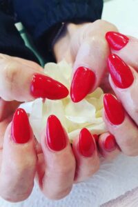 Almond Shaped Red Nails, red acrylic nail designs, red acrylic nail ideas
