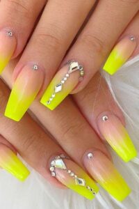 Yellow Coffin Acrylic Nails with Crystals, coffin nails, coffin nail designs, coffin nail ideas, coffin shaped nails