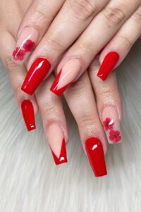 Geometric French Ruby Nails, red acrylic nail designs, red acrylic nail ideas