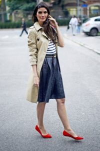 A-line Skirt, Striped Top, and Red Ballet Flats, How to Style a Trench Coat, Outfit Ideas to Wear with Trench Coat