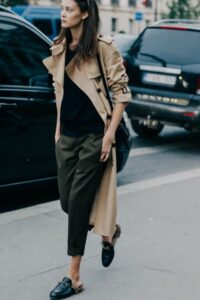 Black Shirt, Cropped Pants, and Black Slide-on Shoes, How to Style a Trench Coat, Outfit Ideas to Wear with Trench Coat