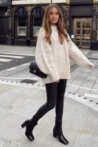 Oversize White Sweater and Leather Pants Outfit, winter date outfit, winter date outfit idea