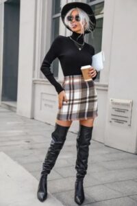 Plaid Skirt with Black Sweater and Thigh High Boots, winter date outfit, winter date outfit idea