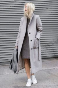Gray Shirt Dress and White Sneakers, How to Style a Trench Coat, Outfit Ideas to Wear with Trench Coat
