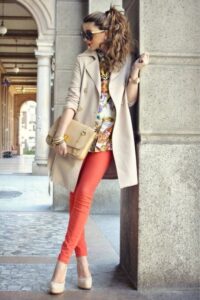 Printed Top and Coral Pants, How to Style a Trench Coat, Outfit Ideas to Wear with Trench Coat