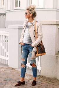 Striped Top, Jeans, and Leopard-print Oxfords, How to Style a Trench Coat, Outfit Ideas to Wear with Trench Coat